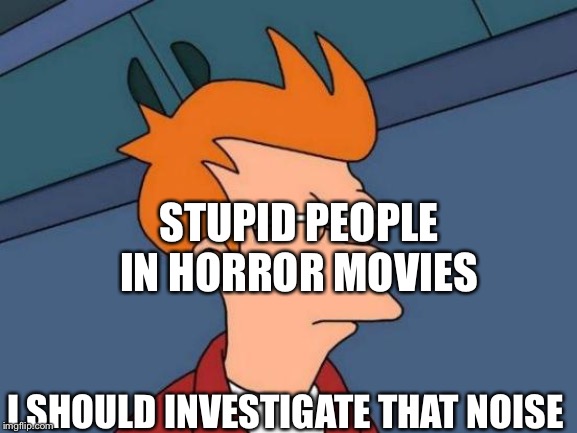 Futurama Fry Meme | STUPID PEOPLE IN HORROR MOVIES; I SHOULD INVESTIGATE THAT NOISE | image tagged in memes,futurama fry | made w/ Imgflip meme maker