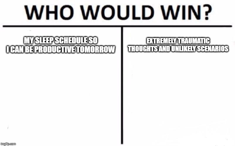 Who Would Win? Meme | MY SLEEP SCHEDULE SO I CAN BE PRODUCTIVE TOMORROW; EXTREMELY TRAUMATIC THOUGHTS AND UNLIKELY SCENARIOS | image tagged in memes,who would win | made w/ Imgflip meme maker
