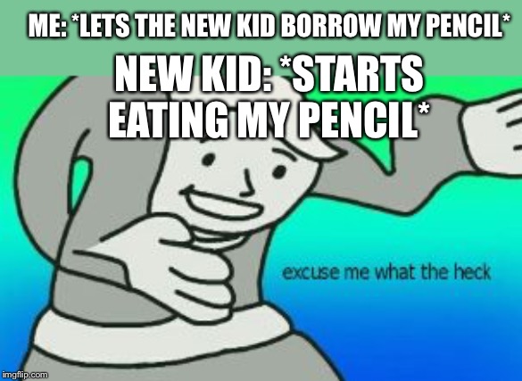 Excuse Me What The Heck | NEW KID: *STARTS EATING MY PENCIL*; ME: *LETS THE NEW KID BORROW MY PENCIL* | image tagged in excuse me what the heck | made w/ Imgflip meme maker