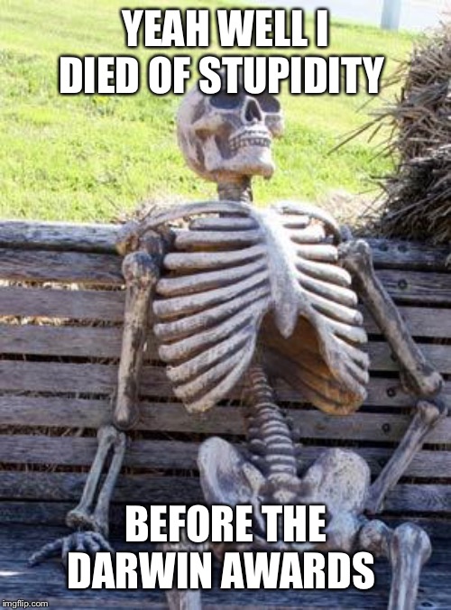 Waiting Skeleton Meme | YEAH WELL I DIED OF STUPIDITY BEFORE THE DARWIN AWARDS | image tagged in memes,waiting skeleton | made w/ Imgflip meme maker