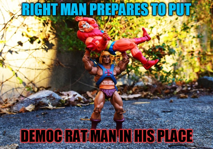 I have the Power! | RIGHT MAN PREPARES TO PUT; DEMOC RAT MAN IN HIS PLACE | image tagged in he man | made w/ Imgflip meme maker