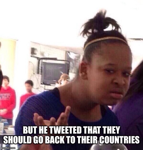 Black Girl Wat Meme | BUT HE TWEETED THAT THEY SHOULD GO BACK TO THEIR COUNTRIES | image tagged in memes,black girl wat | made w/ Imgflip meme maker