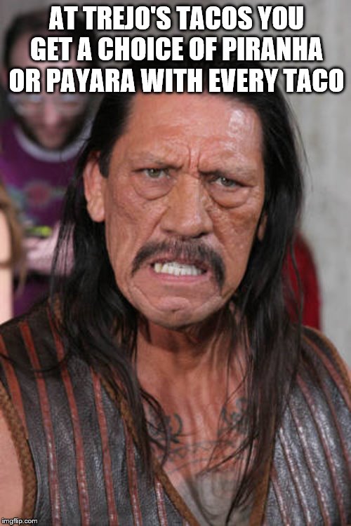 Danny Trejo  | AT TREJO'S TACOS YOU GET A CHOICE OF PIRANHA OR PAYARA WITH EVERY TACO | image tagged in danny trejo | made w/ Imgflip meme maker