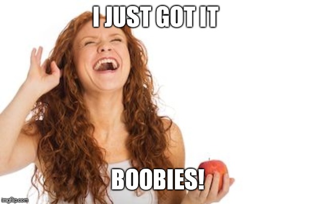 Woman laughing | I JUST GOT IT BOOBIES! | image tagged in woman laughing | made w/ Imgflip meme maker