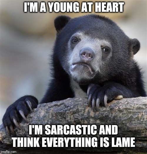 Confession Bear | I'M A YOUNG AT HEART; I'M SARCASTIC AND THINK EVERYTHING IS LAME | image tagged in memes,confession bear | made w/ Imgflip meme maker