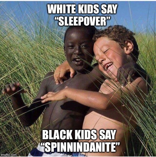 Black kid white kid sleepover spinnitdanite | WHITE KIDS SAY
“SLEEPOVER”; BLACK KIDS SAY 
“SPINNINDANITE” | image tagged in black and white,kids today,sleep,sleepover,black vs white | made w/ Imgflip meme maker