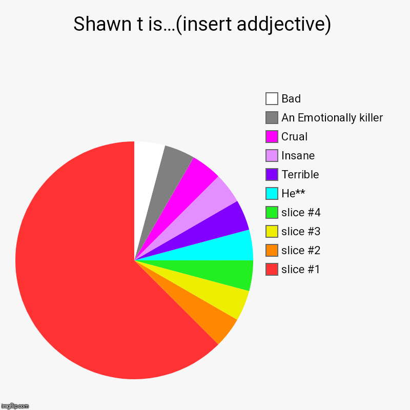 Shawn t is…(insert addjective) |, He**, Terrible, Insane, Crual, An Emotionally killer, Bad | image tagged in charts,pie charts | made w/ Imgflip chart maker