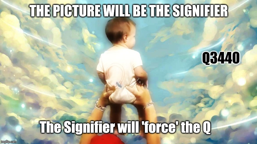 Q baby: Ask the Q! | THE PICTURE WILL BE THE SIGNIFIER; Q3440; The Signifier will 'force' the Q | image tagged in q baby,qanon,the great awakening,real life,maga,donald trump approves | made w/ Imgflip meme maker