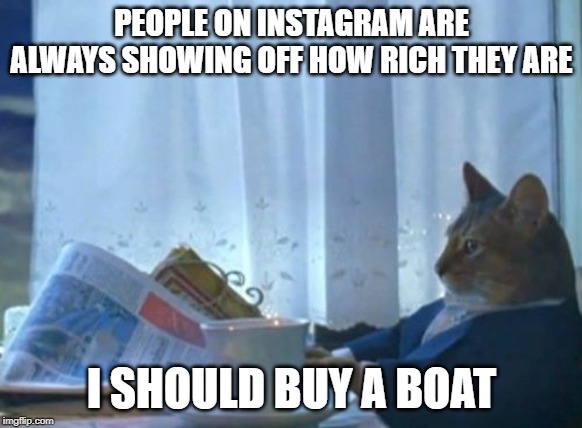 I Should Buy A Boat Cat | PEOPLE ON INSTAGRAM ARE ALWAYS SHOWING OFF HOW RICH THEY ARE; I SHOULD BUY A BOAT | image tagged in memes,i should buy a boat cat | made w/ Imgflip meme maker