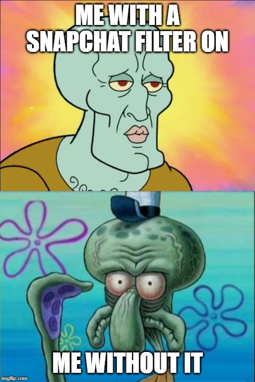 Squidward Meme | ME WITH A SNAPCHAT FILTER ON; ME WITHOUT IT | image tagged in memes,squidward | made w/ Imgflip meme maker