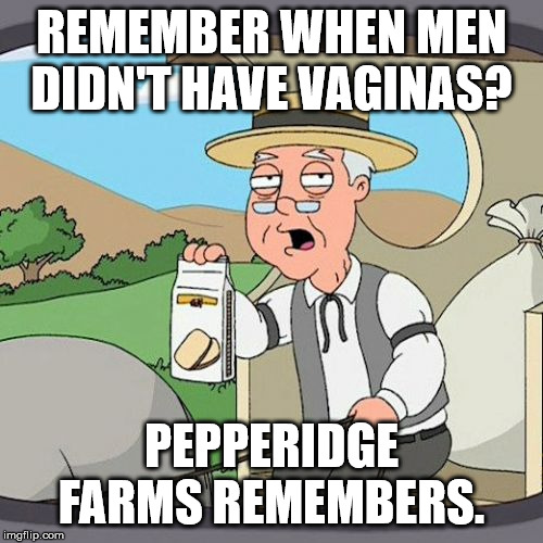 Pepperidge Farm Remembers Meme | REMEMBER WHEN MEN DIDN'T HAVE VAGINAS? PEPPERIDGE FARMS REMEMBERS. | image tagged in memes,pepperidge farm remembers | made w/ Imgflip meme maker
