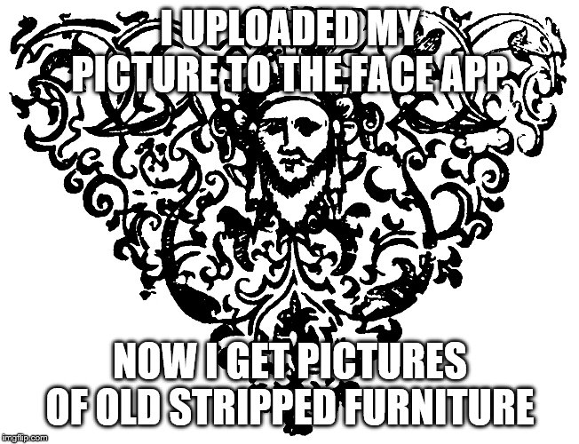 face app fun | I UPLOADED MY PICTURE TO THE FACE APP; NOW I GET PICTURES OF OLD STRIPPED FURNITURE | image tagged in facebook,face app | made w/ Imgflip meme maker