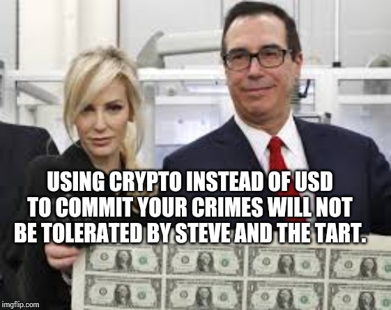 FED racket | USING CRYPTO INSTEAD OF USD TO COMMIT YOUR CRIMES WILL NOT BE TOLERATED BY STEVE AND THE TART. | image tagged in mnuchin,fed,fiat,crypto | made w/ Imgflip meme maker