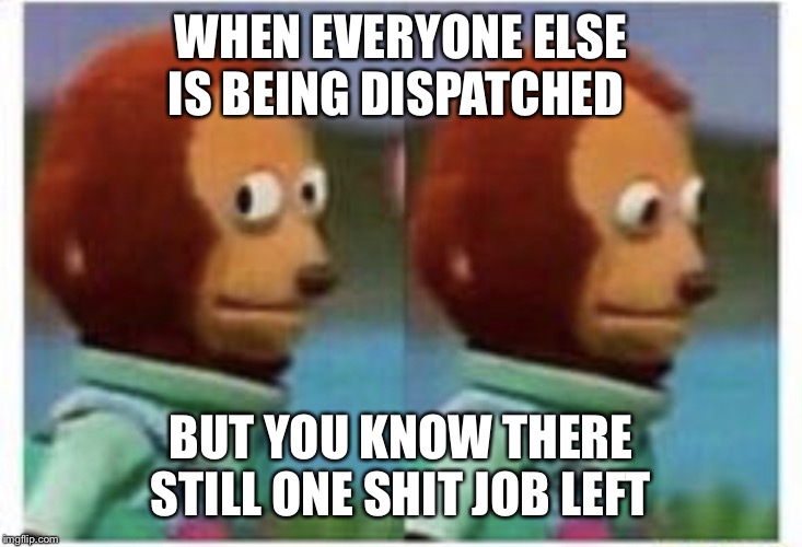 side eye teddy | WHEN EVERYONE ELSE IS BEING DISPATCHED; BUT YOU KNOW THERE STILL ONE SHIT JOB LEFT | image tagged in side eye teddy | made w/ Imgflip meme maker