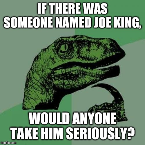 Philosoraptor | IF THERE WAS SOMEONE NAMED JOE KING, WOULD ANYONE TAKE HIM SERIOUSLY? | image tagged in memes,philosoraptor | made w/ Imgflip meme maker