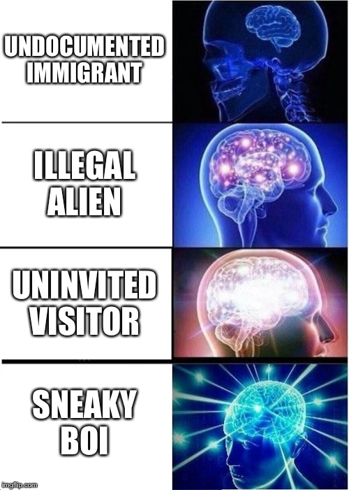 Expanding Brain Meme | UNDOCUMENTED IMMIGRANT ILLEGAL ALIEN UNINVITED VISITOR SNEAKY BOI | image tagged in memes,expanding brain | made w/ Imgflip meme maker