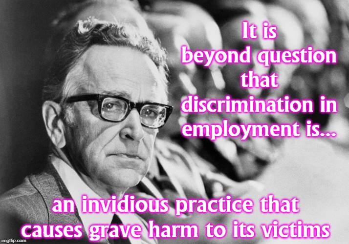 Employment discrimination causes great harm | It is beyond question that discrimination in employment is... an invidious practice that causes grave harm to its victims | image tagged in employment,discrimination,blackmun,supreme court,job,fired | made w/ Imgflip meme maker