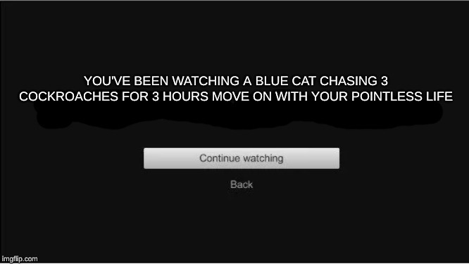 are you still watching? | YOU'VE BEEN WATCHING A BLUE CAT CHASING 3 COCKROACHES FOR 3 HOURS MOVE ON WITH YOUR POINTLESS LIFE | image tagged in are you still watching | made w/ Imgflip meme maker
