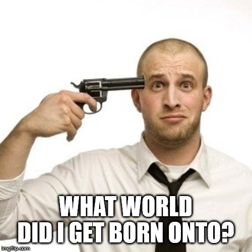 Shoot myself | WHAT WORLD DID I GET BORN ONTO? | image tagged in shoot myself | made w/ Imgflip meme maker