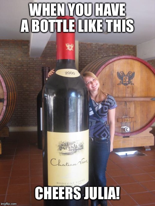 Giant Wine Bottle | WHEN YOU HAVE A BOTTLE LIKE THIS CHEERS JULIA! | image tagged in giant wine bottle | made w/ Imgflip meme maker