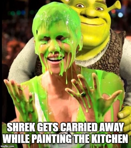 give it an hour before the second coat | SHREK GETS CARRIED AWAY WHILE PAINTING THE KITCHEN | image tagged in shrek,excited,paint | made w/ Imgflip meme maker