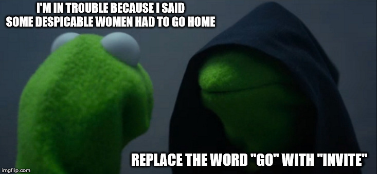 Evil Kermit Meme | I'M IN TROUBLE BECAUSE I SAID SOME DESPICABLE WOMEN HAD TO GO HOME REPLACE THE WORD "GO" WITH "INVITE" | image tagged in memes,evil kermit | made w/ Imgflip meme maker