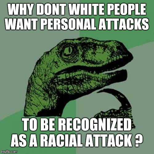 Philosoraptor | WHY DONT WHITE PEOPLE WANT PERSONAL ATTACKS; TO BE RECOGNIZED AS A RACIAL ATTACK ? | image tagged in memes,philosoraptor | made w/ Imgflip meme maker