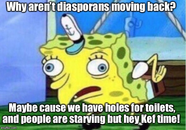 Mocking Spongebob Meme | Why aren’t diasporans moving back? Maybe cause we have holes for toilets, and people are starving but hey Kef time! | image tagged in memes,mocking spongebob | made w/ Imgflip meme maker