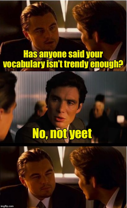 Yeet! | Has anyone said your vocabulary isn’t trendy enough? No, not yeet | image tagged in memes,inception,yeet,internet | made w/ Imgflip meme maker