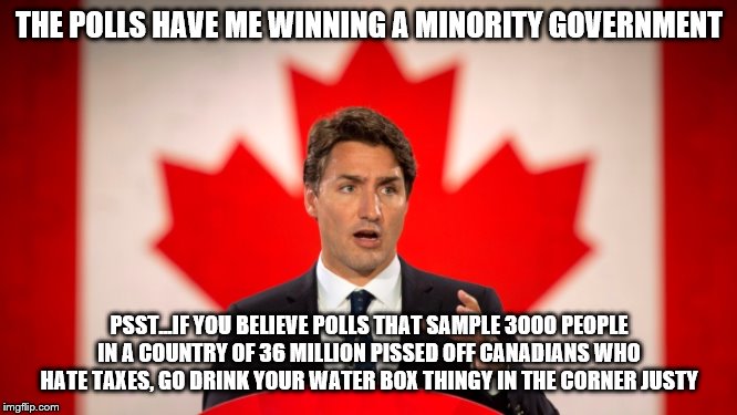 You cant poll accurately | THE POLLS HAVE ME WINNING A MINORITY GOVERNMENT; PSST...IF YOU BELIEVE POLLS THAT SAMPLE 3000 PEOPLE IN A COUNTRY OF 36 MILLION PISSED OFF CANADIANS WHO HATE TAXES, GO DRINK YOUR WATER BOX THINGY IN THE CORNER JUSTY | image tagged in justin trudeau,trudeau,elections,special kind of stupid,idiot,stupid liberals | made w/ Imgflip meme maker