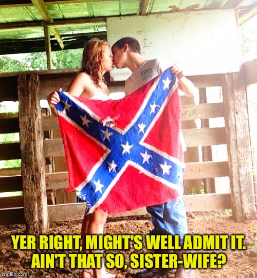 redneck family reunion | YER RIGHT, MIGHT'S WELL ADMIT IT.
AIN'T THAT SO, SISTER-WIFE? | image tagged in redneck family reunion | made w/ Imgflip meme maker