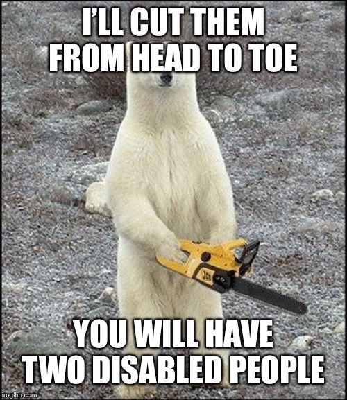 chainsaw polar bear | I’LL CUT THEM FROM HEAD TO TOE YOU WILL HAVE TWO DISABLED PEOPLE | image tagged in chainsaw polar bear | made w/ Imgflip meme maker