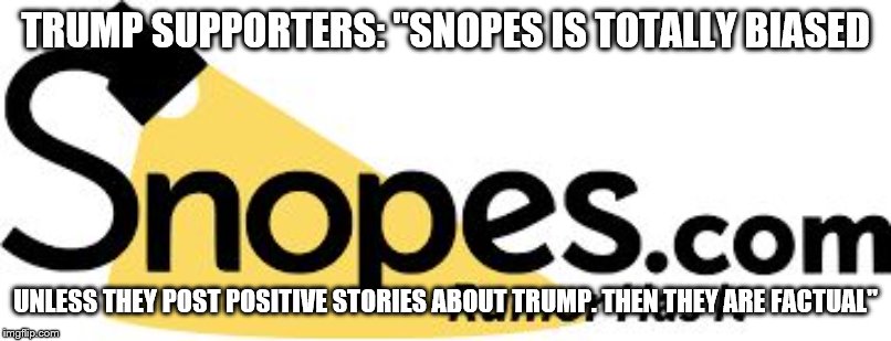 snopes | TRUMP SUPPORTERS: "SNOPES IS TOTALLY BIASED; UNLESS THEY POST POSITIVE STORIES ABOUT TRUMP. THEN THEY ARE FACTUAL" | image tagged in snopes | made w/ Imgflip meme maker
