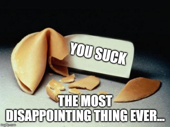 Fortune Cookie | YOU SUCK; THE MOST DISAPPOINTING THING EVER... | image tagged in fortune cookie | made w/ Imgflip meme maker