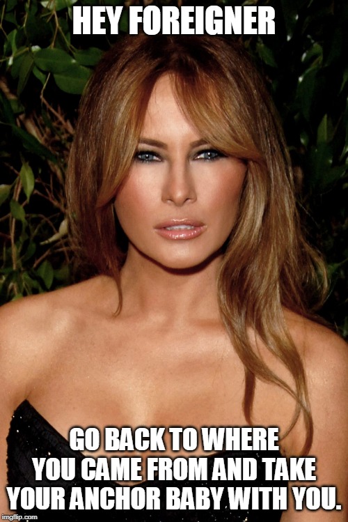 melania trump | HEY FOREIGNER; GO BACK TO WHERE YOU CAME FROM AND TAKE YOUR ANCHOR BABY WITH YOU. | image tagged in melania trump | made w/ Imgflip meme maker