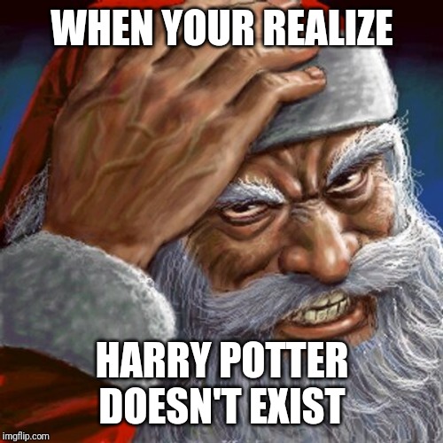 Angry Santa | WHEN YOUR REALIZE HARRY POTTER DOESN'T EXIST | image tagged in angry santa | made w/ Imgflip meme maker