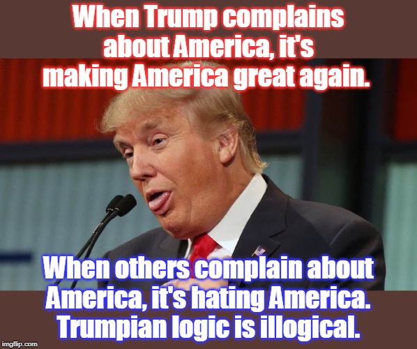Trump is one sided, wants it all his way | When Trump complains about America, it's making America great again. When others complain about America, it's hating America. Trumpian logic is illogical. | image tagged in dumb trump,illogical,unfair and unjust,dictator wannabe,dumb as a rock,unpatriotic and unamerican | made w/ Imgflip meme maker