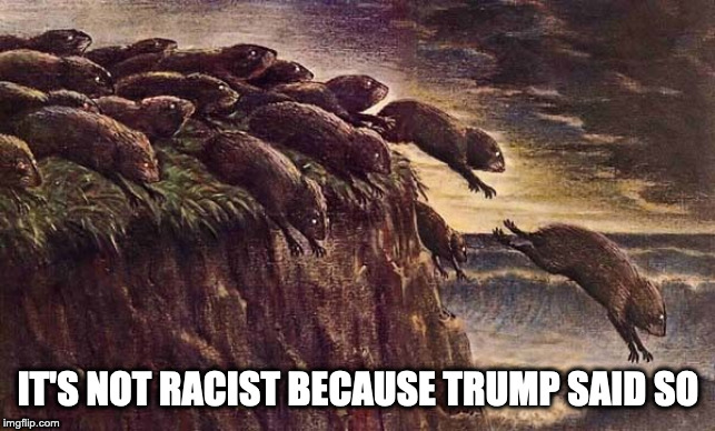 Lemming level blind | IT'S NOT RACIST BECAUSE TRUMP SAID SO | image tagged in lemming level blind | made w/ Imgflip meme maker