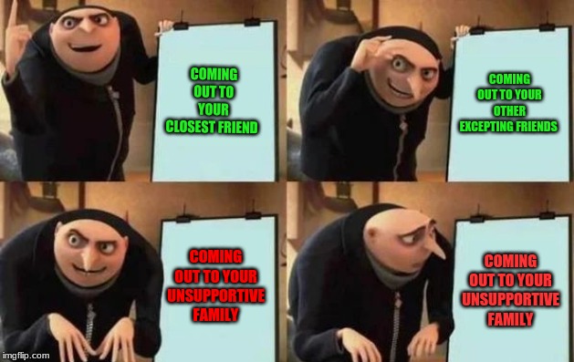 Gru's Plan Meme | COMING OUT TO YOUR CLOSEST FRIEND; COMING OUT TO YOUR OTHER EXCEPTING FRIENDS; COMING OUT TO YOUR UNSUPPORTIVE FAMILY; COMING OUT TO YOUR UNSUPPORTIVE FAMILY | image tagged in gru's plan,egg_irl | made w/ Imgflip meme maker
