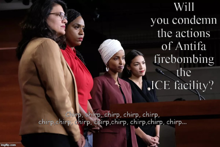 the squad | Will you condemn the actions of Antifa firebombing the ICE facility? Chirp, chirp, chirp, chirp, chirp, chirp,chirp, chirp, chirp,chirp, chirp,chirp, chirp... | image tagged in the squad | made w/ Imgflip meme maker