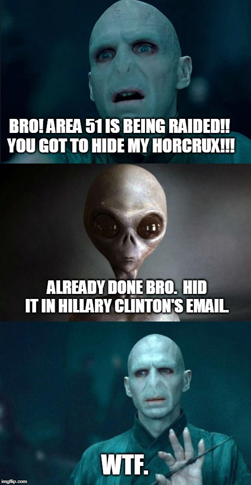 Voldemort's Horcrux | BRO! AREA 51 IS BEING RAIDED!!  YOU GOT TO HIDE MY HORCRUX!!! ALREADY DONE BRO.  HID IT IN HILLARY CLINTON'S EMAIL. WTF. | image tagged in voldemort's horcrux | made w/ Imgflip meme maker