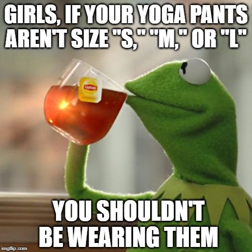 i mean there's a cutoff at somepoint.. | GIRLS, IF YOUR YOGA PANTS AREN'T SIZE "S," "M," OR "L"; YOU SHOULDN'T BE WEARING THEM | image tagged in memes,but thats none of my business,kermit the frog,yoga pants | made w/ Imgflip meme maker