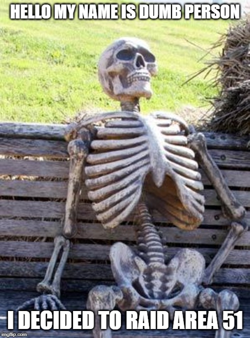 Waiting Skeleton | HELLO MY NAME IS DUMB PERSON; I DECIDED TO RAID AREA 51 | image tagged in memes,waiting skeleton | made w/ Imgflip meme maker