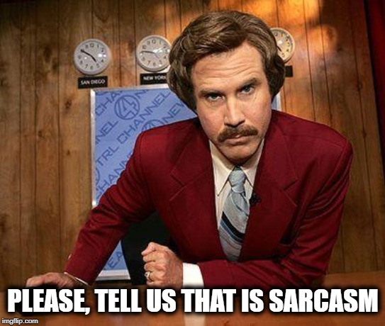 ron burgundy | PLEASE, TELL US THAT IS SARCASM | image tagged in ron burgundy | made w/ Imgflip meme maker
