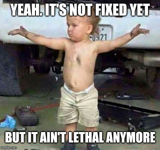 mechanic kid | YEAH. IT'S NOT FIXED YET; BUT IT AIN'T LETHAL ANYMORE | image tagged in mechanic kid | made w/ Imgflip meme maker