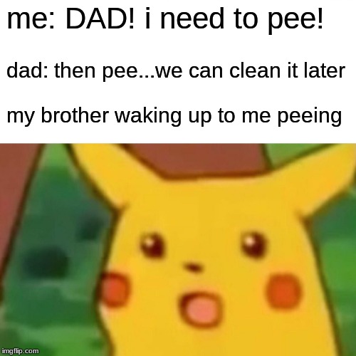 Surprised Pikachu Meme | me: DAD! i need to pee! dad: then pee...we can clean it later; my brother waking up to me peeing | image tagged in memes,surprised pikachu | made w/ Imgflip meme maker