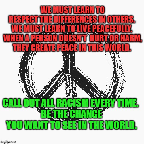 Create Peace in this world | WE MUST LEARN TO RESPECT THE DIFFERENCES IN OTHERS. 
WE MUST LEARN TO LIVE PEACEFULLY. 

WHEN A PERSON DOESN'T  HURT OR HARM, THEY CREATE PEACE IN THIS WORLD. CALL OUT ALL RACISM EVERY TIME. 
BE THE CHANGE YOU WANT TO SEE IN THE WORLD. | image tagged in trump,peace,violence,change,hope | made w/ Imgflip meme maker
