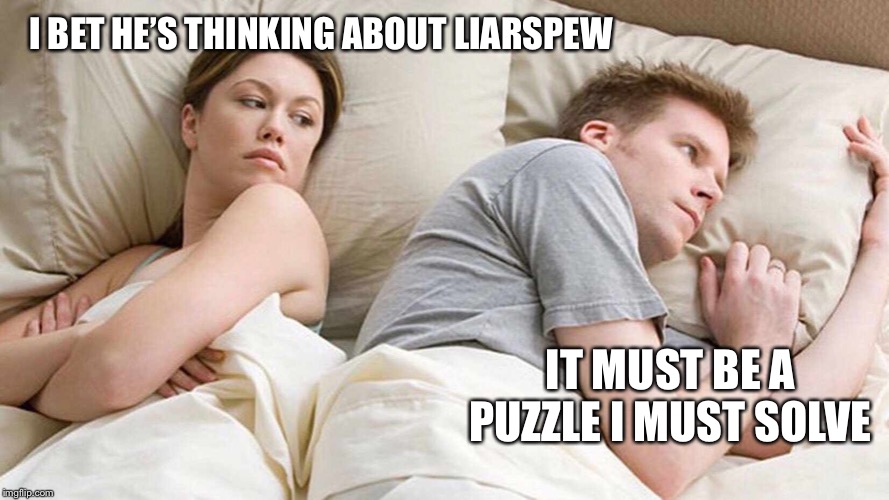 I Bet He's Thinking About Other Women Meme | I BET HE’S THINKING ABOUT LIARSPEW IT MUST BE A PUZZLE I MUST SOLVE | image tagged in i bet he's thinking about other women | made w/ Imgflip meme maker