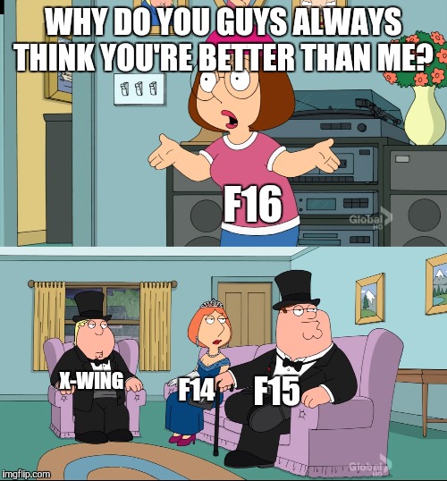 Meg Family Guy Better than me | WHY DO YOU GUYS ALWAYS THINK YOU'RE BETTER THAN ME? F16; X-WING; F15; F14 | image tagged in meg family guy better than me | made w/ Imgflip meme maker