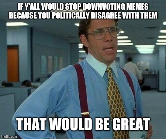 I hope no one disagrees with this meme..... | IF Y'ALL WOULD STOP DOWNVOTING MEMES BECAUSE YOU POLITICALLY DISAGREE WITH THEM; THAT WOULD BE GREAT | image tagged in memes,that would be great | made w/ Imgflip meme maker